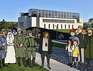 Personnages du passé et du présent devant le Mémorial de Verdun - Agrandir l'image (fenêtre modale)