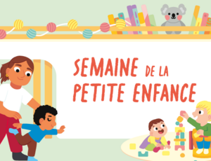 A droite 2 enfants jouent avec un jeu de construction de différentes formes de couleurs jaune, bleu, rose. A gauche, une dame est placée derrière un enfant en position d'équilibre sur une jambe, la jambe droite relevée vers l'arrière. , - Agrandir l'image (fenêtre modale)